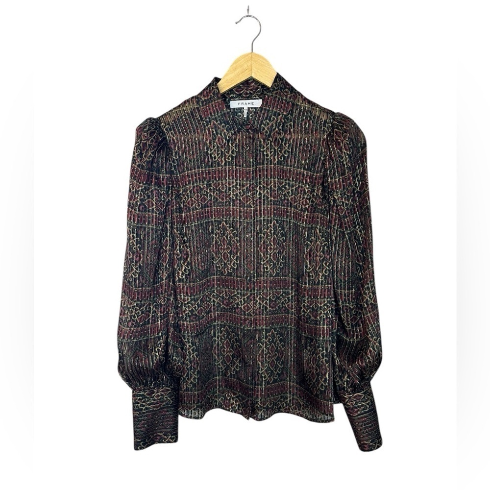 New! Frame Silk Button Up In Deep Moss Multi Top … - image 4